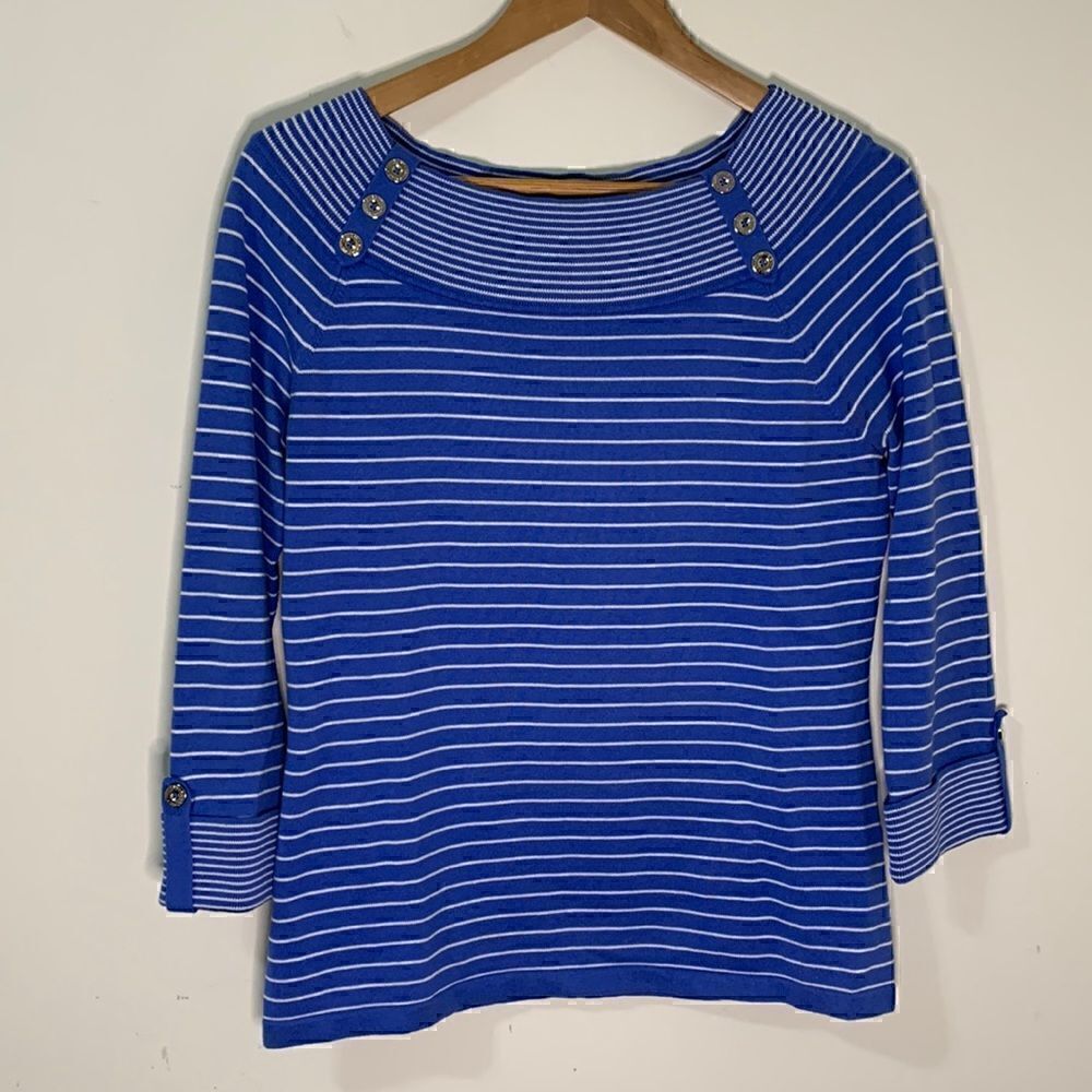 JONES NEW YORK Signature Blue and White Striped Cotton Sweater Size Medium